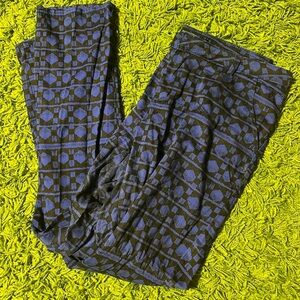 blue and black patterned pants